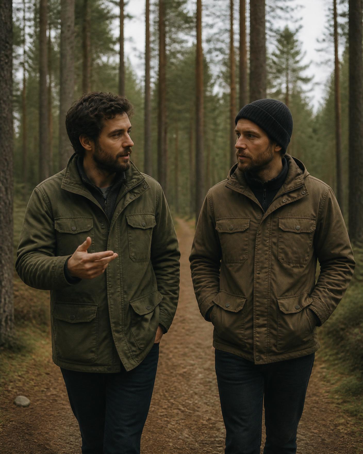 Two men walking a forest trail in conversation